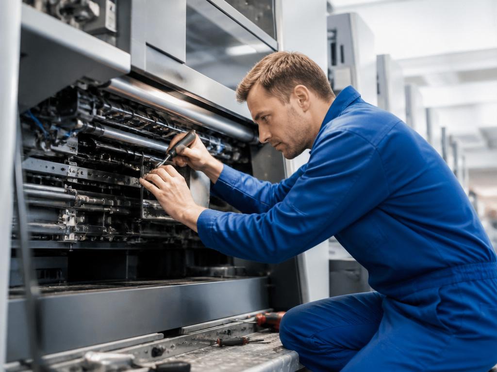 Teknik profesional gjatë servisimit të një printeri produksioni